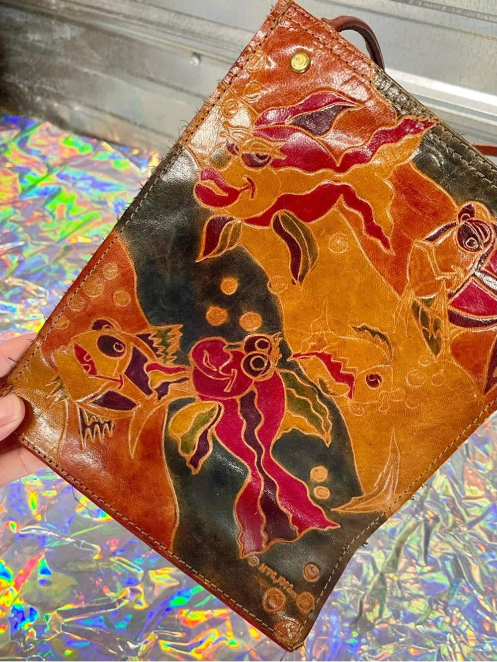 Vintage 1992 Embossed Leather Mini Bag Abstract Art Faces Fish Design Folk Art